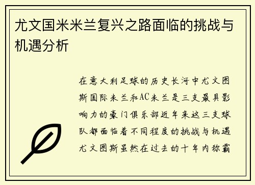 尤文国米米兰复兴之路面临的挑战与机遇分析