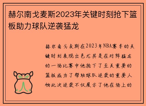 赫尔南戈麦斯2023年关键时刻抢下篮板助力球队逆袭猛龙