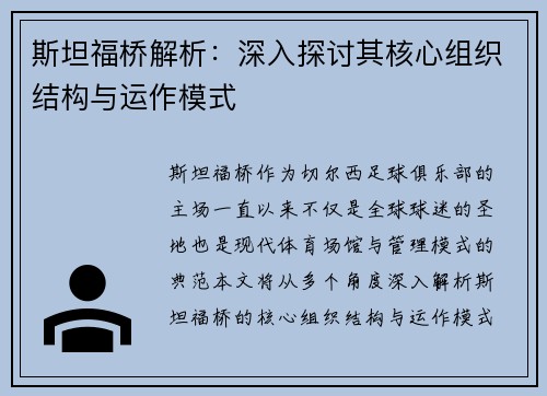 斯坦福桥解析:深入探讨其核心组织结构与运作模式 斯坦福桥解析:深入探讨其核心组织结构与运作模式