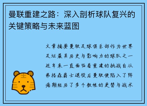 曼联重建之路：深入剖析球队复兴的关键策略与未来蓝图